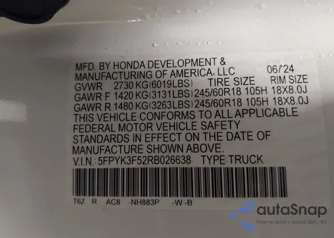 2024 Honda Ridgeline Rtl z USA, uszkodzony, nr VIN 5FPYK3F52RB026638